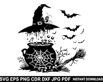 Caldero de Halloween (SVG), silueta de poción de bruja, vector de murciélago, clipart de sombrero de bruja, caldero (dxf, png), caldero de bruja (SVG), decoración de Halloween