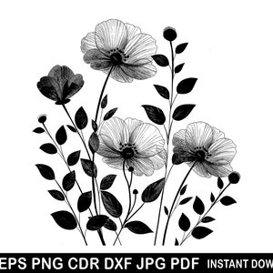 May include: Black and white floral illustration featuring detailed line art of flowers and leaves. The image includes three large open flowers, buds, and various foliage. The text at the bottom reads "SVG EPS PNG CDR DXF JPG PDF INSTANT DOWNLOAD."