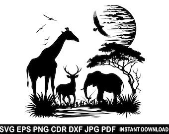 Jungle Safari Animals Svg | Giraffe, Elephant, Rhino | Sunshine Tree Svg | Zoo Crew & Animal Silhouette | Safari Clipart for Crafts