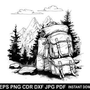 Puede incluir: Dibujo en blanco y negro de una mochila con una cordillera y árboles en el fondo. La mochila está sentada en el suelo con rocas alrededor.