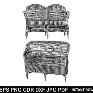 Puede incluir: Dos dibujos en blanco y negro de sofás de mimbre. El sofá superior tiene un respaldo con dos arcos redondeados. El sofá inferior tiene un respaldo recto.