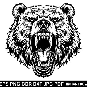 Pode incluir: Ilustração em preto e branco de uma cabeça de urso com a boca aberta e os dentes visíveis. O urso tem uma expressão feroz.