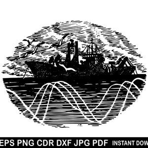 May include: Black and white illustration of a ship at sea with birds flying overhead. The ship is surrounded by waves and the water is textured.
