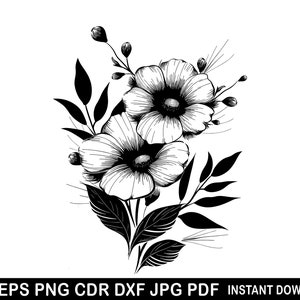 May include: Black and white line art illustration of two flowers with leaves and stems. The flowers have five petals each and are drawn in a realistic style.
