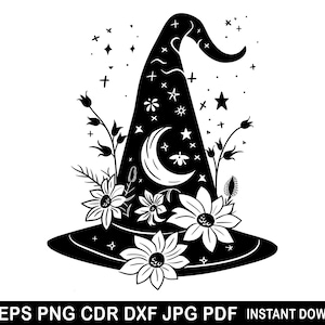 May include: Black and white silhouette of a witch's hat with a crescent moon and stars. The hat is adorned with flowers and leaves.