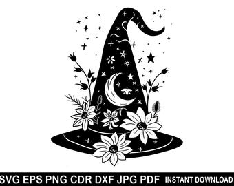 Flower Witch Hat SVG file, Wizard Hat svg, Halloween svg, Halloween cut file, Witch hat cut file, Floral Witch hat svg, Fall svg, Autumn svg