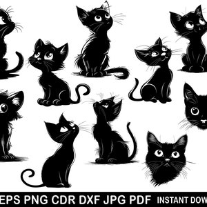 黒猫 SVG バンドル、黒猫 PNG バンドル、猫のクリップアート、Cricut 用カット ファイル、猫のシルエット、黒猫のロゴ、不気味な装飾、かわいい子猫 SVG