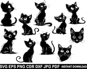 Black Cat Svg Bundle, Black Cat Png Bundle, Cat Clipart, Cut Files for Cricut, Cat Silhouette, Black Cat Logo, Spooky Decor, Cute Kitten Svg