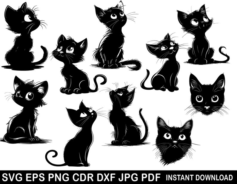 May include: A collection of black cat illustrations in various poses, with large eyes and expressive features. The cats are depicted in a cartoon style, with a focus on their silhouettes. The image includes text at the bottom indicating file formats.