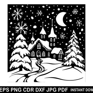 Igreja de Natal svg, Véspera de Natal Vector, Silhueta de Noite de Natal, Arquivos de corte de Floresta de Inverno, Clipart de Feliz Natal, Presente de Natal Svg