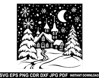 Christmas Church svg, Christmas Eve Vector, Christmas Night silhouette, Winter Forest cut files, Merry Christmas clipart, Christmas Gift Svg