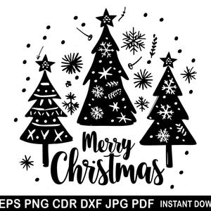 Feliz Natal Art Svg, Noite de Inverno svg, Arquivos de corte de árvore de Natal, Silhueta de véspera de Natal, Cartão de presente de Feliz Natal, Floco de neve Png Dxf