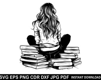 Mujer / niña leyendo un libro SVG / Amante de los libros EPS / Chica ratón de biblioteca PNG / Chica DXF / Logotipo de lectura de libros / Clipart de libros / Cricut de libros