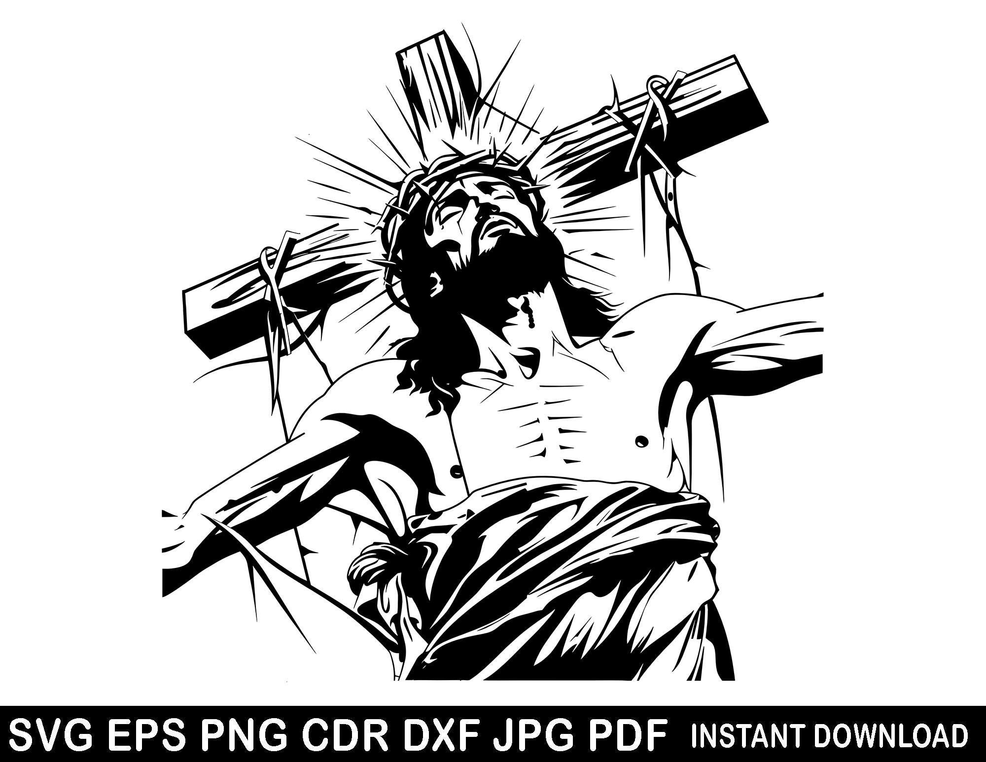 Jesus Crucifix Cross silhouette Jesus With Crown of Thorns Svg Png Dxf Eps Cdr God vector graphic design cut print laser digital files decal