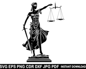 Standbeeld van Justitie Svg, Justitie-logo, gerechtsgebouw Decor, Vrouwe Justitia-shirt, Justitie-illustraties, gesneden bestanden voor Cricut, Advocacy Elements Cut