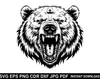 Archivos de corte de cabeza de oso grizzly / Silueta de oso grizzly / Oso Cricut Cameo / Eps PNG Dxf Cdr Jpg Pdf