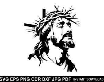 Jesus With Crown of Thorns Svg Png Dxf Eps Cdr / Cross Jesus silhouette / God vector graphic design cut print laser digital files decal