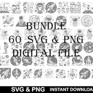 Pode incluir: Um pacote de ilustrações em preto e branco de 60 arquivos digitais SVG e PNG com tema espacial. As ilustrações incluem astronautas, planetas, estrelas, foguetes e OVNIs. O texto "Bundle 60 SVG & PNG Digital File" é exibido no centro da imagem.