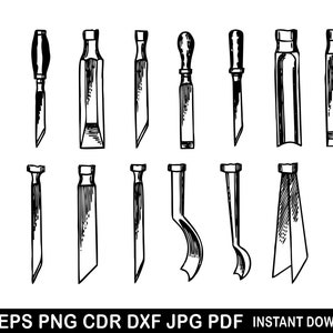 Op de afbeelding: Een set van 14 zwart-witte lijntekeningen van houtsnijgereedschap. De gereedschappen worden in zijaanzicht getoond en omvatten beitels, gutsen en een gebogen mes.