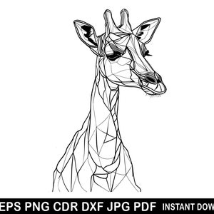 May include: A black and white geometric illustration of a giraffe's head and neck. The artwork is composed of interconnected lines, creating a polygonal design. The bottom of the image includes the text "SVG EPS PNG CDR DXF JPG PDF INSTANT DOWNLOAD".