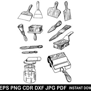 May include: A set of black and white line drawings of painting tools, including paint brushes, rollers, and spatulas. The tools are isolated on a white background.