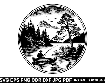 Fisherman Catching Fish Svg / Fishing Svg / Father's Day Svg / Cricut / Clipart / Fishing Decor / Mountain Forest Lake Fishing Svg