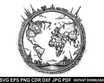 Travel World | Svg Png Dxf Eps | Wanderlust Clipart Travelling Globe Landmarks Printable Cut File Cricut Silhouette Sublimation Cameo
