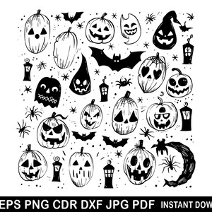 Peut inclure: Clipart d'Halloween noir et blanc avec des citrouilles, des chauves-souris, des fantômes et des lanternes. Le design est parfait pour l'artisanat, le scrapbooking et les projets numériques.