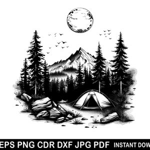 Mountain Forest Scenery Svg - Mountain Clipart - Pine Tree Cricut - Outdoors Svg - Mountain Moon Night Star Silhouette