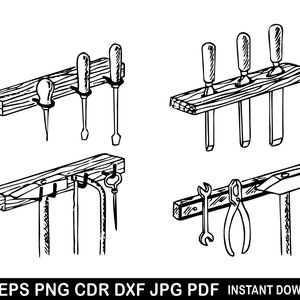 May include: A black and white line drawing of four different tool organizers. The organizers are made of wood and have hooks for hanging tools. The tools include a hammer, pliers, and chisels.