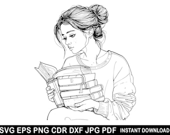 Girl reading book svg \ Book art \ Reading book svg \ Girl with books \ Woman reading book \ Person reading book \ Woman svg