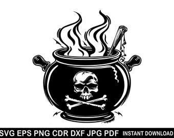 Caldero con humo (Svg), silueta de bruja de Halloween (Svg), caldero (Cricut), olla de bruja (Svg), caldero de luna (Svg), poción de bruja (Svg), tiempo espeluznante
