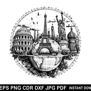 Oceaan continent land Globe wereldkaart Monument reizen Svg Eps Png Dxf Cricut Logo silhouet Clip Art Decor Vector Decal