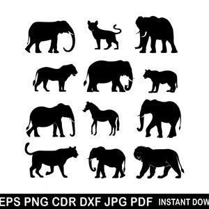 May include: A set of ten black silhouette animal illustrations. The animals include an elephant, a lion, a zebra, a horse, and a cheetah. The illustrations are simple and elegant, and would be perfect for use in a variety of projects.