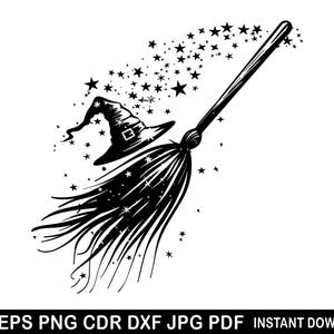 Könnte beinhalten: Schwarz-weiß-Illustration eines Besens mit einem spitzen Hut und Sternen, die dahinter fliegen.