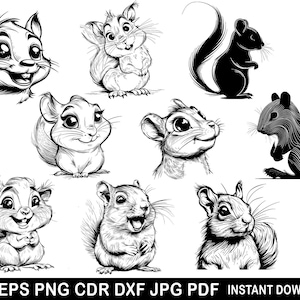 May include: A set of ten black and white illustrations of squirrels in various poses. The squirrels are drawn in a cartoon style with large eyes and bushy tails.