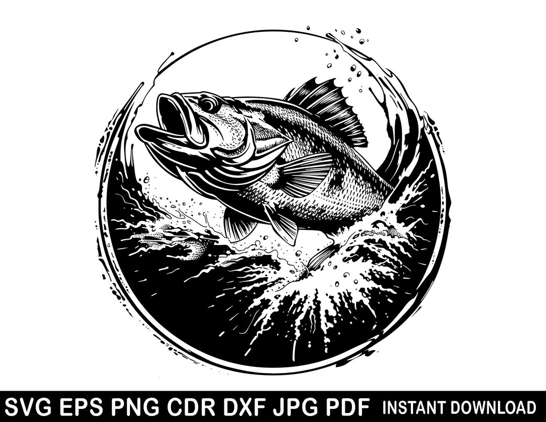 Bass Fishing Jumping Water Svg Eps Png Dxf Cdr Jpg Pdf - Fishing