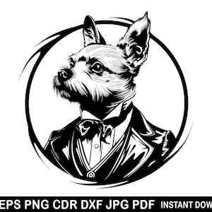 Puede incluir: Ilustración en blanco y negro de un perro con un esmoquin y una pajarita. El perro mira hacia la izquierda y tiene una expresión seria.