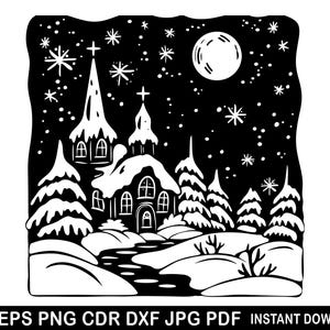 Igreja de Natal svg, Véspera de Natal Vector, Silhueta de Noite de Natal, Arquivos de corte de Floresta de Inverno, Presente de Natal Svg, Feliz Natal clipart