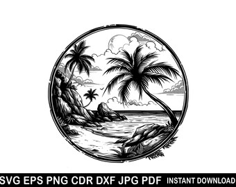 Beach Scene Svg Dxf Png Eps / Sunset Beach Scene Silhouette  / Summer Beach Scene Logo / Surfer Paradise Cricut File