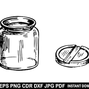 May include: A black and white line drawing of a glass jar with a lid. The jar is empty and has a rounded bottom. The lid is separate from the jar and has a slightly raised edge.