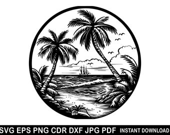 Beach Scene Svg Eps Png Dxf Cdr Jpg Pdf, Sunset Beach Cricut, Beach Life Dxf, Island Palm Tree Vector, Tropical Island Silhouette