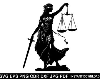 Vrouwe Justitia Svg Eps Png Dxf | Symbool Vrouwe Justitia | Decoratie advocatenkantoren | Vrouwe Justitia-print | Illustraties advocaat | Advocaat silhouet