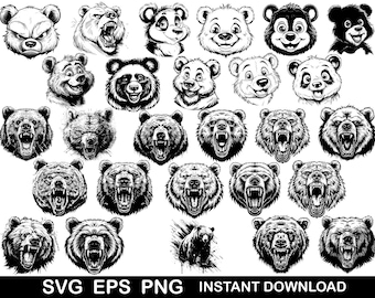 Cute Bear Svg Mega Bundle, Smile Bear Svg Bundle, Grizzly Bear Clipart, Peeking Bear Silhouette, Cartoon Bear Decor, Bear Cricut For Cutting