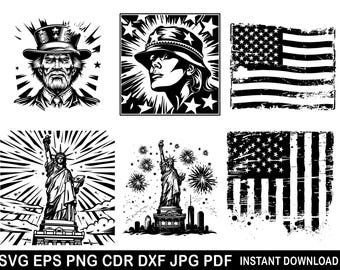 Uncle Sam Svg, God Bless America Logo, Patriotic Invitations Logo, Statue of Liberty Shirt, American Flag Silhouette, 4th July - BUNDLE SVG