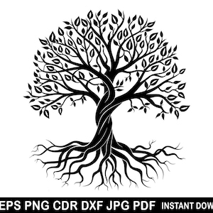 Può includere: Silhouette in bianco e nero di un albero con radici e rami intricati. L'albero è stilizzato con un tronco spesso e molte foglie.