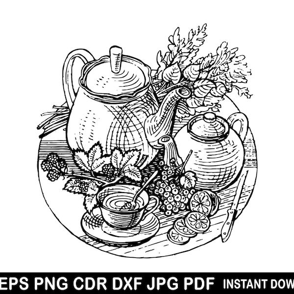 Tea Vector | Tea Party Clipart | Lemon Eps | Honey Png | Medicinal Herbs Silhouette | Still Life Decor | Teapot Cricut Cameo Cutting File