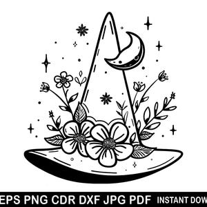 Può includere: Illustrazione in bianco e nero di un cappello da strega decorato con fiori, foglie, una luna crescente e stelle. Il cappello ha un'ampia tesa e una corona a punta. Il testo in basso all'immagine recita: SVG EPS PNG CDR DXF JPG PDF INSTANT DOWNLOAD.