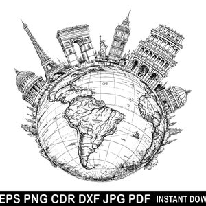 Kompass Globus Weltkarte | Svg Eps Png Dxf Jpg Pdf Cdr | Wandaufkleber Silhouette Gravur Vorlage Cnc Fräser Vektor Cameo Laser