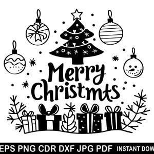 Silhueta de Feliz Natal / Árvore de Natal Svg Dxf Png Cdr Arquivo de Corte para Cricut / Arte de Bola de Natal / Clipart de Véspera de Natal / Arte de Cartão de Presente